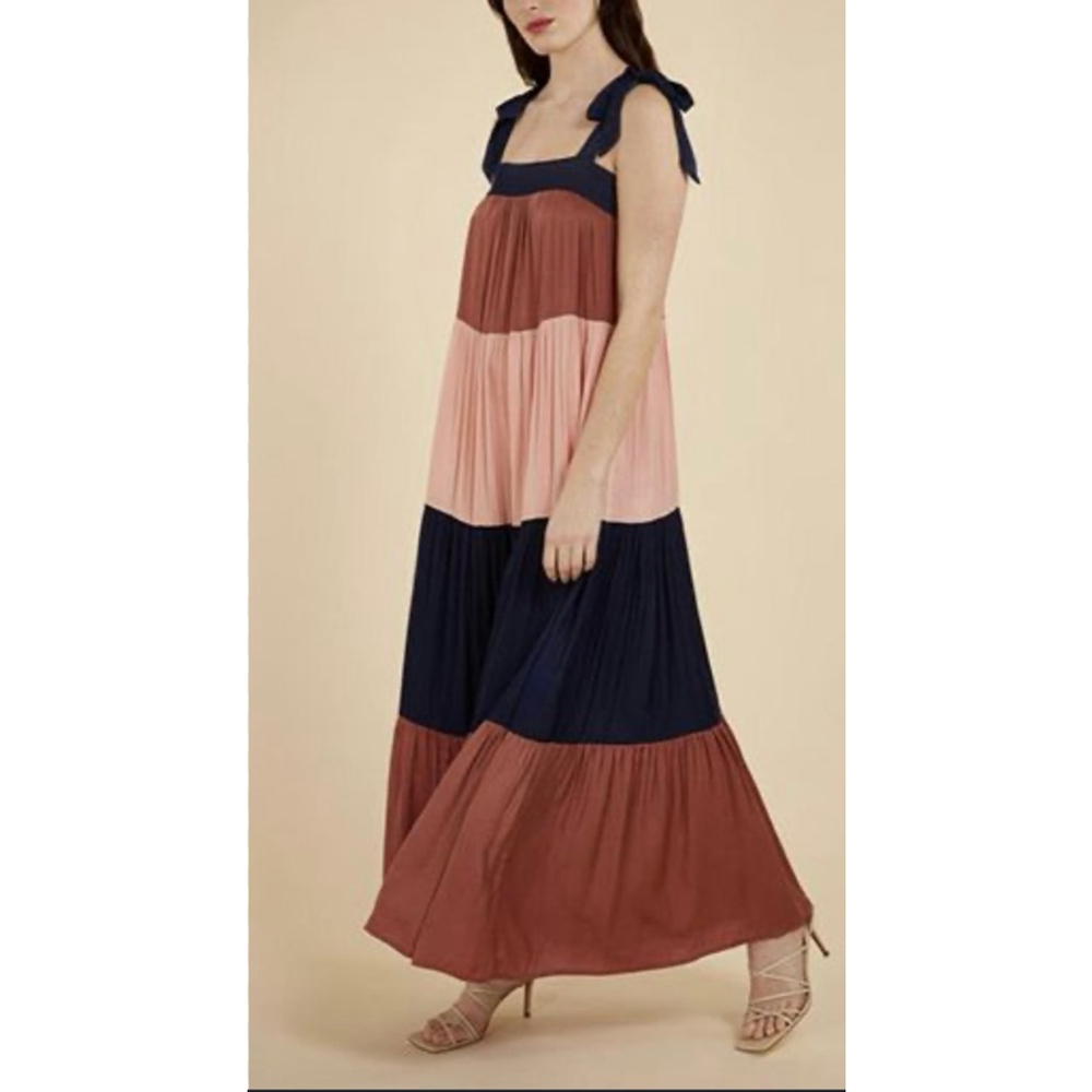 FRNCH Paris Tiered Maxi Dress M Tie Strap Colorblock Boho Viscose Summer Beach